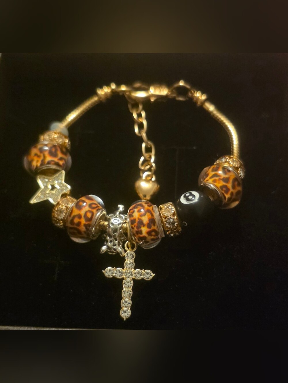 Gold-Tone Leopard Bead Charm Bracelet with Crystal Cross
